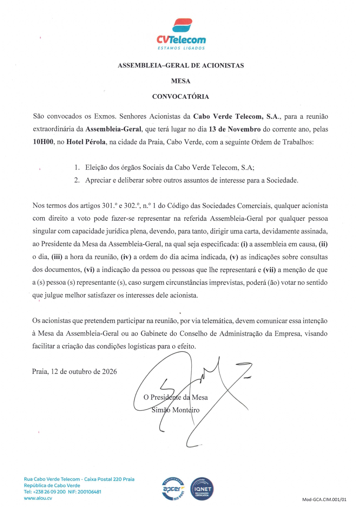 Convocatória AG Extraordinária CVTelecom 2026