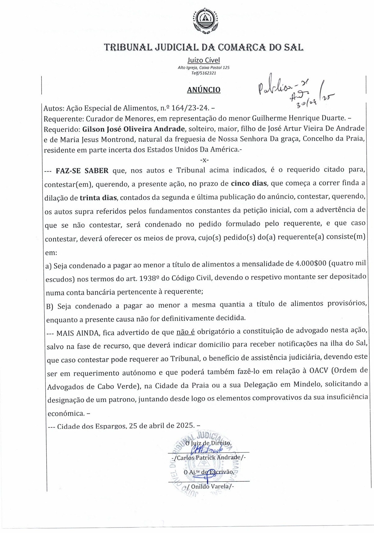 Anuncio Judicial Gilson Andrade