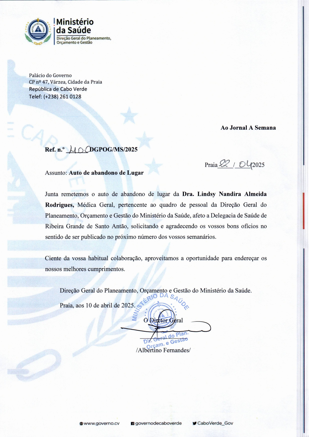 Auto de abondono de Lugar Dra. Lindsy Nandira Almeida