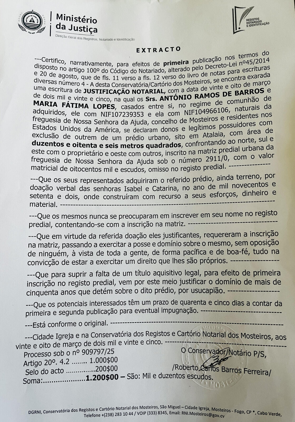 Justificação Notarial António De Barros e Maria Fátima Lopes 1ª 1