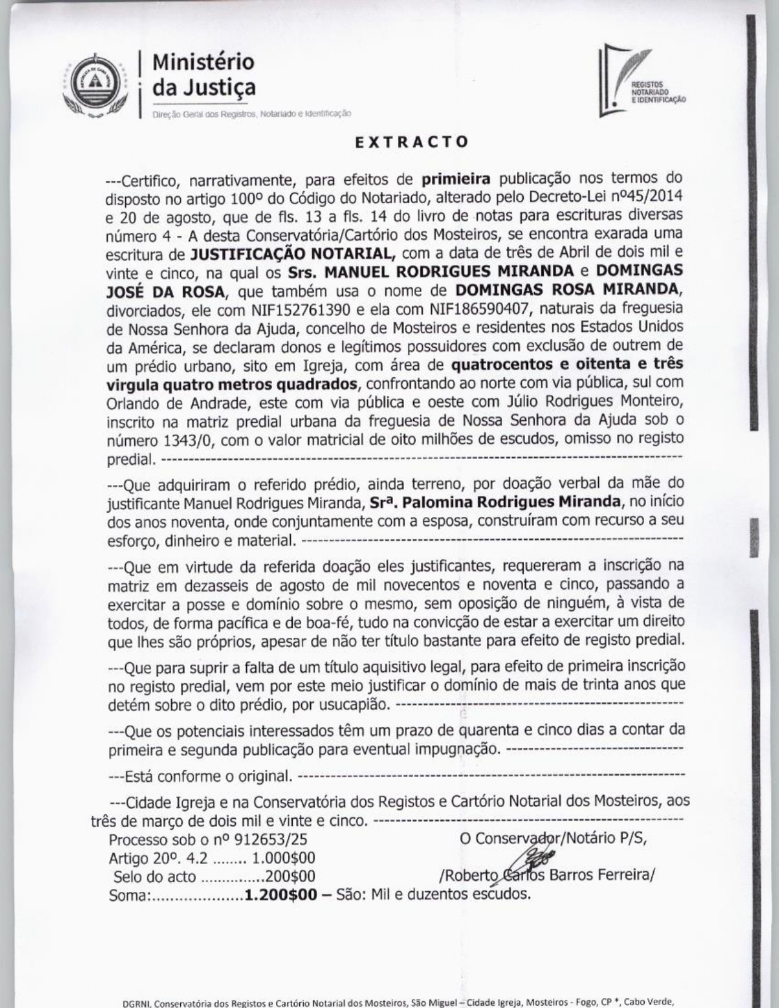 Justificação Notarial Manuel e Domingas 1ª
