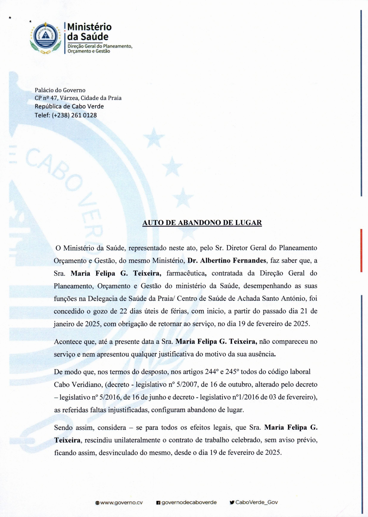 Nota nº347 DGPOG MS 2025 Auto de abandono de lugar Sra. Maria Felipa Teixeira page 0002